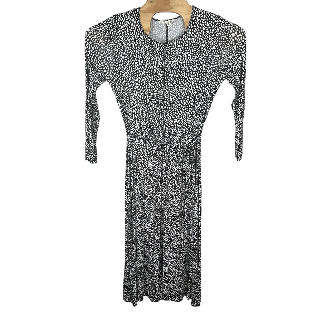 Boden Lucy Jersey Midi Dress Womens 10Long Black White Dot Long Sleeve Tie Waist
